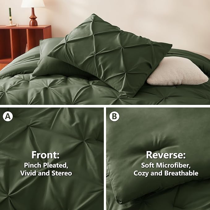 CozyLux King Size Comforter Set Olive Green, 7 Pieces Pintuck Bed in A Bag - Image 3