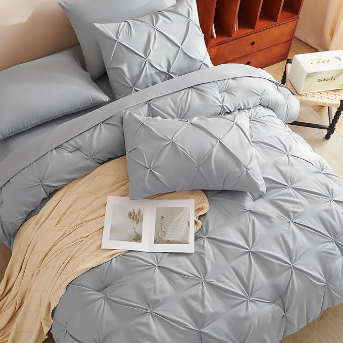 HIMEET Pintuck Bed in a Bag, 7 Pieces King Size Comforter Set Light Grey - Image 4