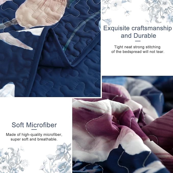 Drucon Blue Floral Quilt Set Queen Size 3 Pieces Blue Botanical Flower Quilt - Image 5