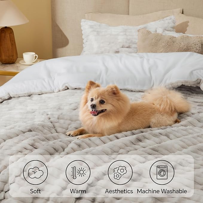 BEDELITE Fleece King Comforter Set -Super Soft & Warm Fluffy Grey&White Bedding - Image 3