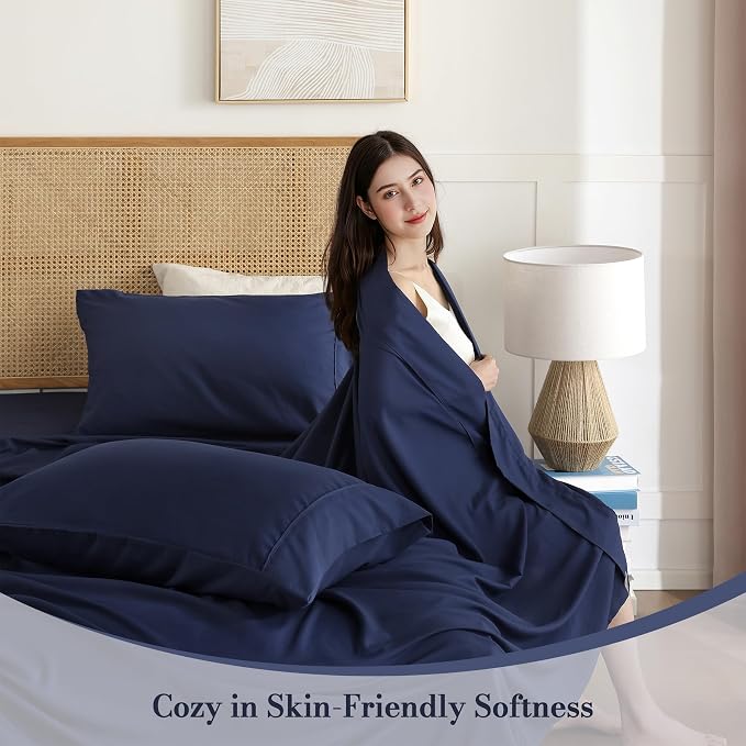King Sheet Set 4 Piece, Wrinkle Free, Oeko-Tex Certified Bedsheets，Navy Blue - Image 2