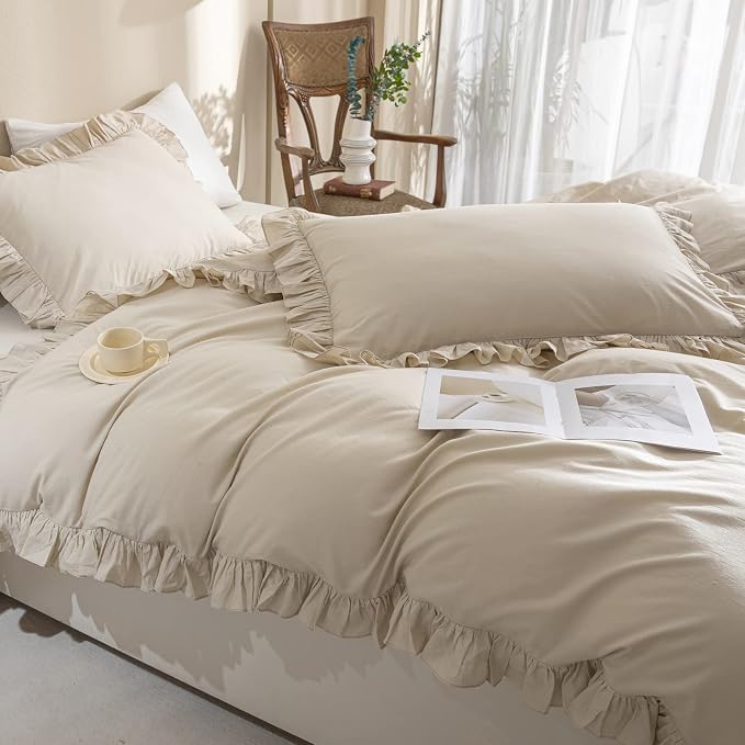 QSH Washed Cotton Queen Duvet Cover Set Ruffle Duvet Cover Linen Textured - Image 7