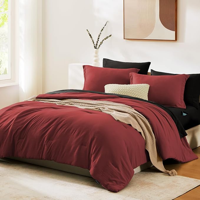 WRENSONGE Full Size Comforter Sets, 7 Pieces Bright Red Bed in a Bag - Image 2