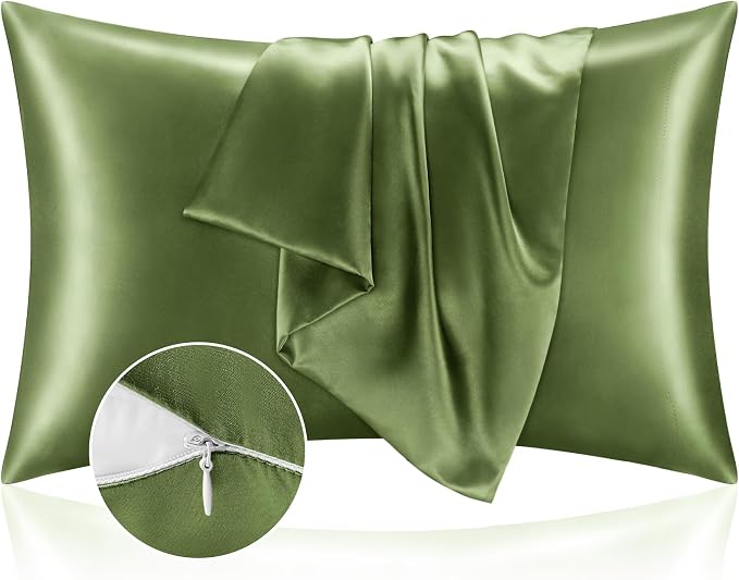 BEDELITE Satin Pillowcase with Zipper 2 Pack, Cedar Green Pillow Cases Standard by BEDELITE