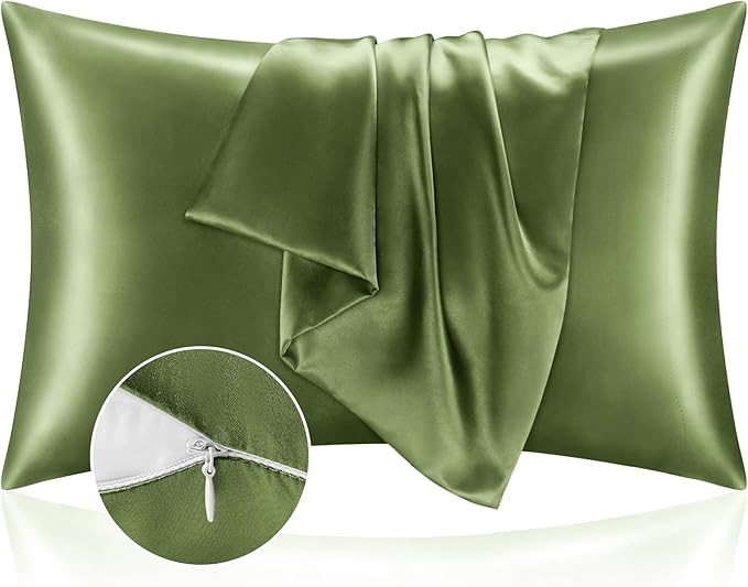 BEDELITE Satin Pillowcase with Zipper, Cedar Green King Size Pillow Cases Set by BEDELITE
