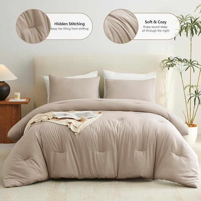 CozyLux King Size Comforter Set Wheat, 3 Pieces Solid Comforters King Size - Image 2
