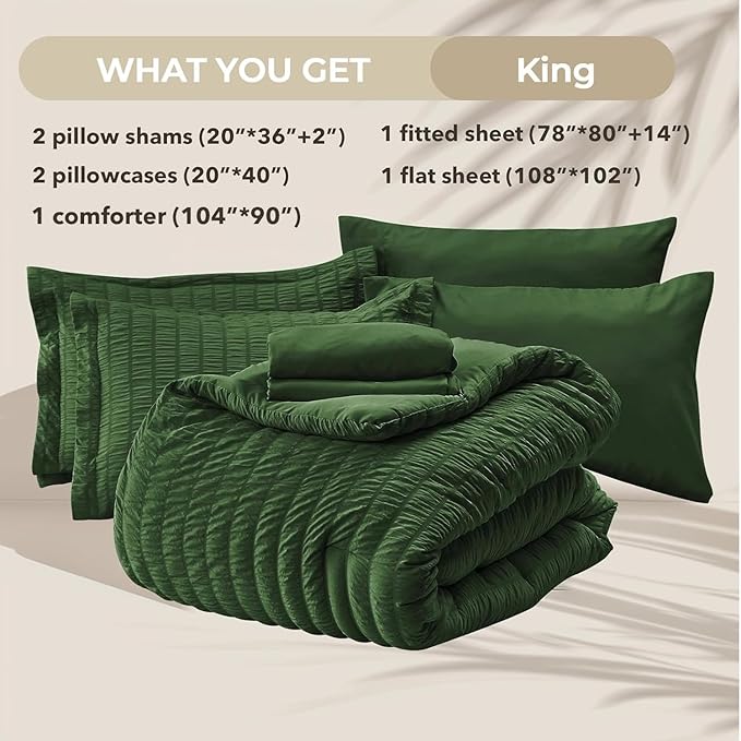 HYMOKEGE Dark Green King Size Comforter Set Seersucker 7 Pieces, All Season - Image 5
