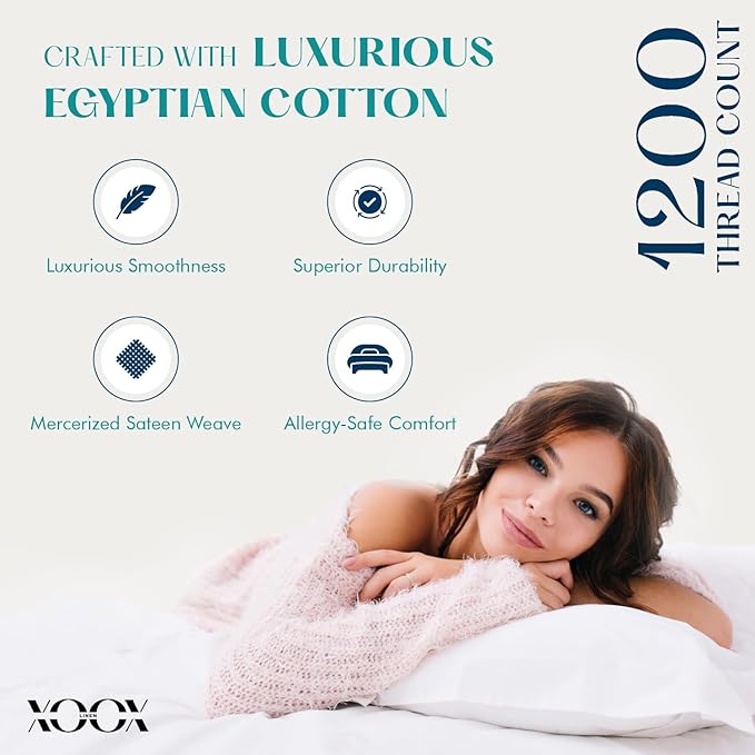 XOOX Linen 100% Egyptian Cotton Queen Pillow Cases Set of 2 - Image 2