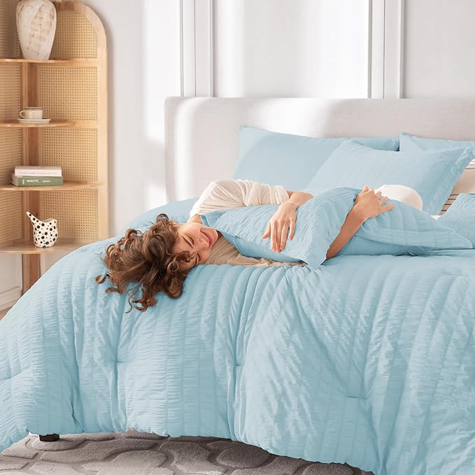 MUXHOMO 5 Pieces Twin Comforter Set, Seersucker Bed in a Bag Twin Size - Image 7
