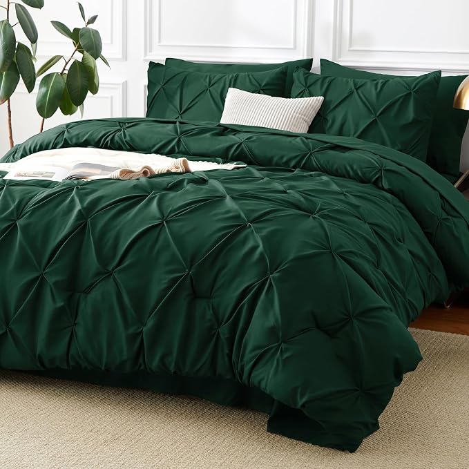 CozyLux King Size Comforter Set Emerald Green, 7 Pieces Pintuck Bed in A Bag by CozyLux