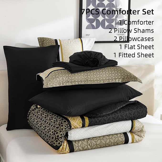WONGS BEDDING Yellow Black King Comforter Set 7 Pieces, Boho Striped Bed in a - Image 6