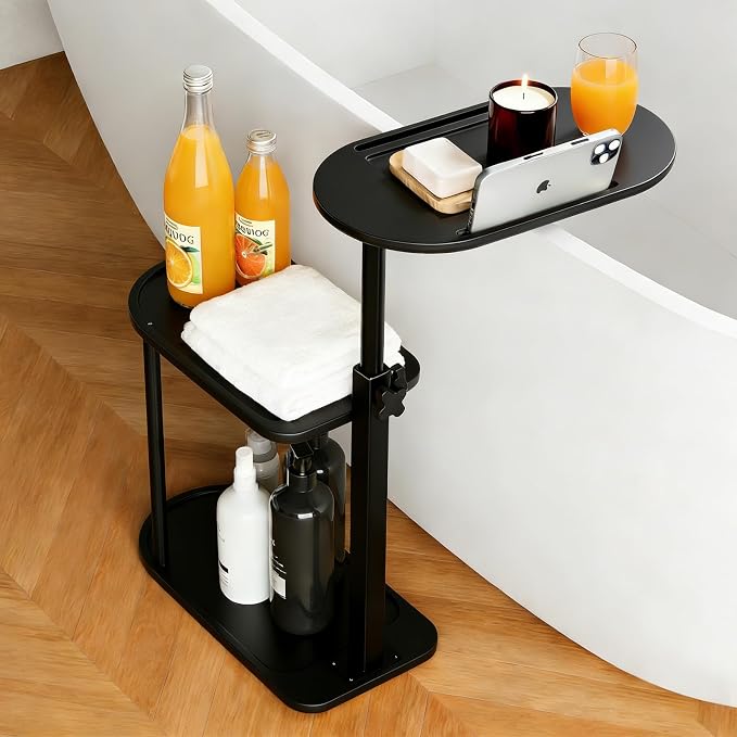 3-Tier Freestanding Bathtub Tray Table, Bamboo Swivel Bathtub Side Table by Unknown