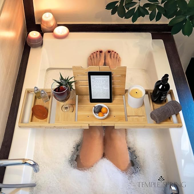 Temple Spring Foldable Bamboo Bathtub Tray Caddy - Image 7
