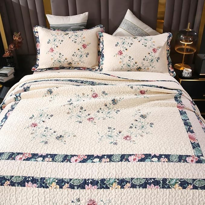 Quilt Set Floral Leaves 3D Embroidery Pattern 3 PCS Cotton Reversible Quilted - Image 4