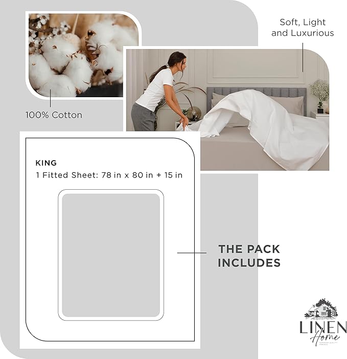 Linen Home 100% Cotton Percale Weave Fitted Sheet, King Size, Dove Grey - Image 6