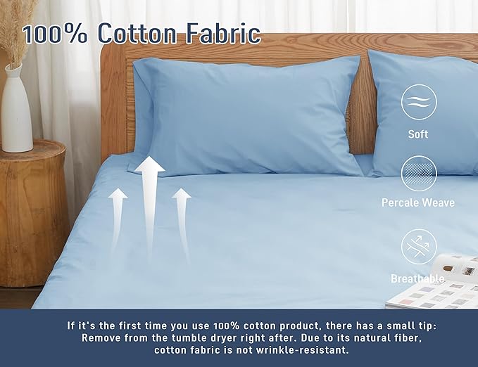 Pillow Cases, King Size Cotton Percale Weave Pillowcases, Pre-Shrunk Breathable - Image 4