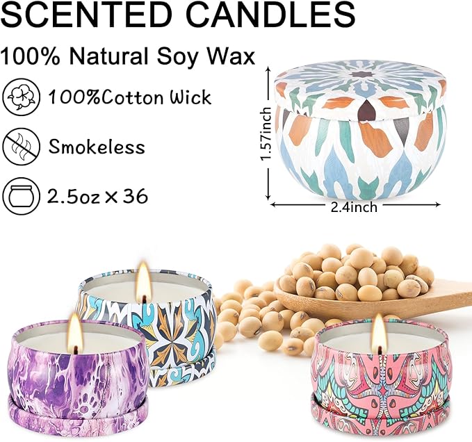 YOROXRG 36 Pack Multicolored Scented Candles Gifts Soy Wax Travel Tin Jar - Image 6