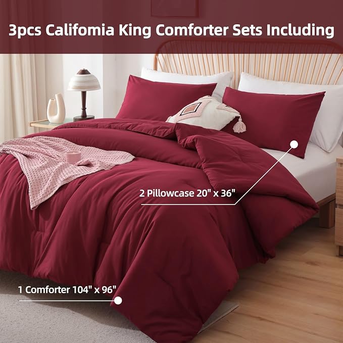 ROSGONIA California King Comforter Set Dark Red - Image 3