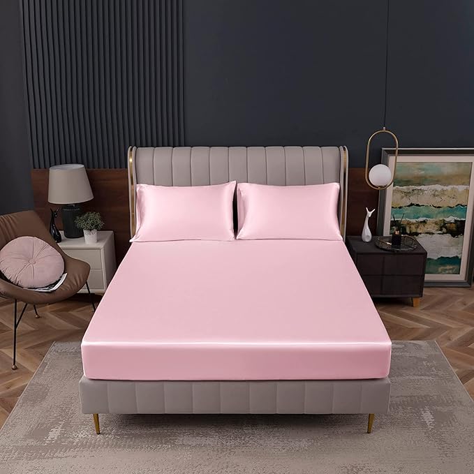 Homiest Blush Pink Satin Fitted Sheet Twin XL Size, Deep Pocket, Luxury & Ultra - Image 2