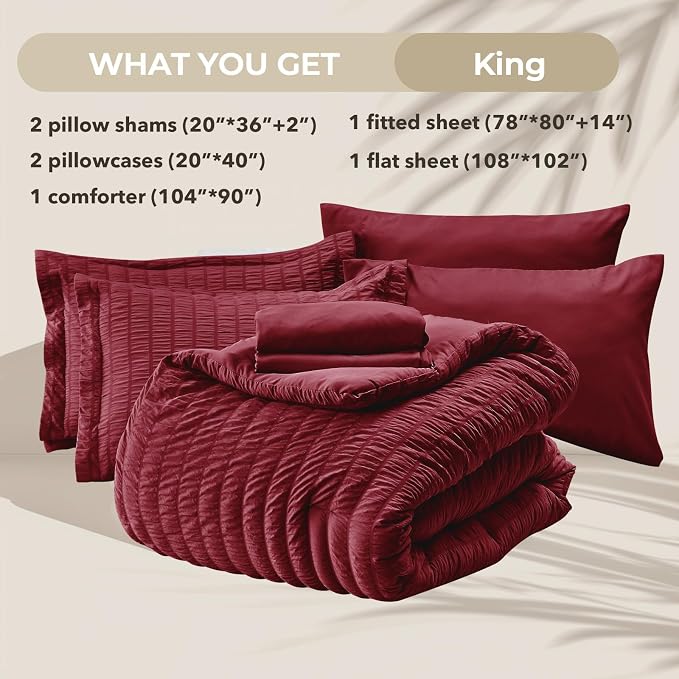 HYMOKEGE Burgundy King Size Comforter Set Seersucker 7 Pieces, All Season - Image 5