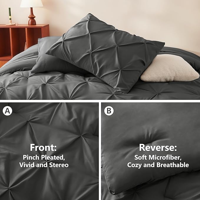 HIMEET Pintuck Bed in a Bag, 5 Pieces Twin XL Comforter Set Dark Grey, Extra - Image 3