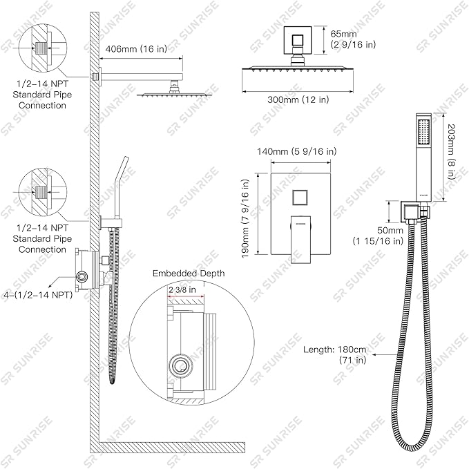 SR SUN RISE 12 Inches Bathroom Luxury Rain Mixer Shower Combo Set Wall Mounted - Image 8