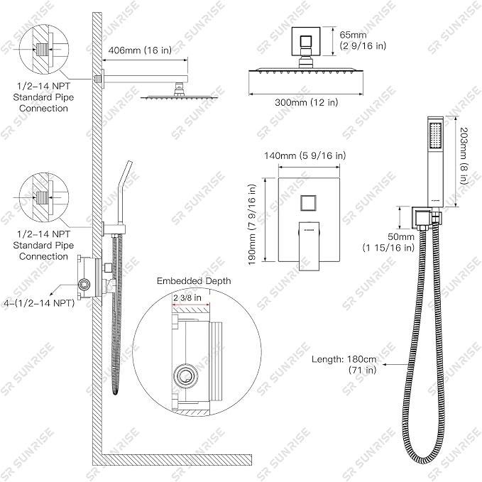 SR SUN RISE 12 Inches Matte Black Shower System 12 Inch Brass Bathroom Luxury - Image 8