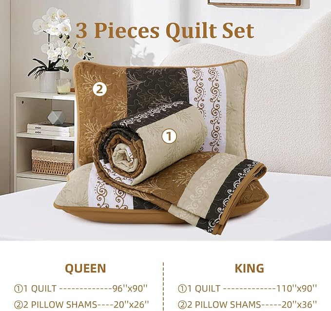 DJY Brown Quilt Set Queen Striped Bedspread Coverlet Set 3 Pieces Boho Branch - Image 8