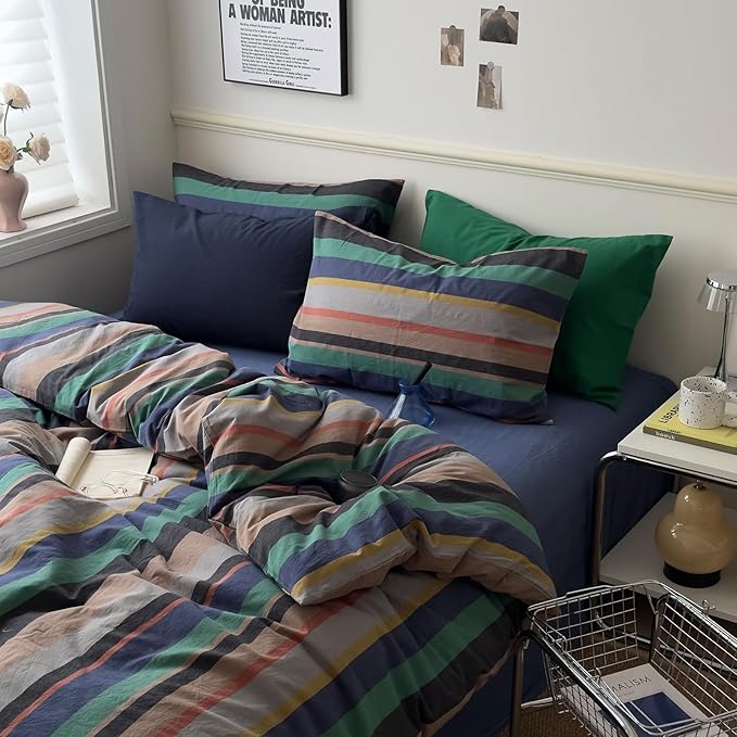mixinni Blue Striped Duvet Cover Twin Size 100% Washed Cotton 3 Pcs Vintage - Image 7