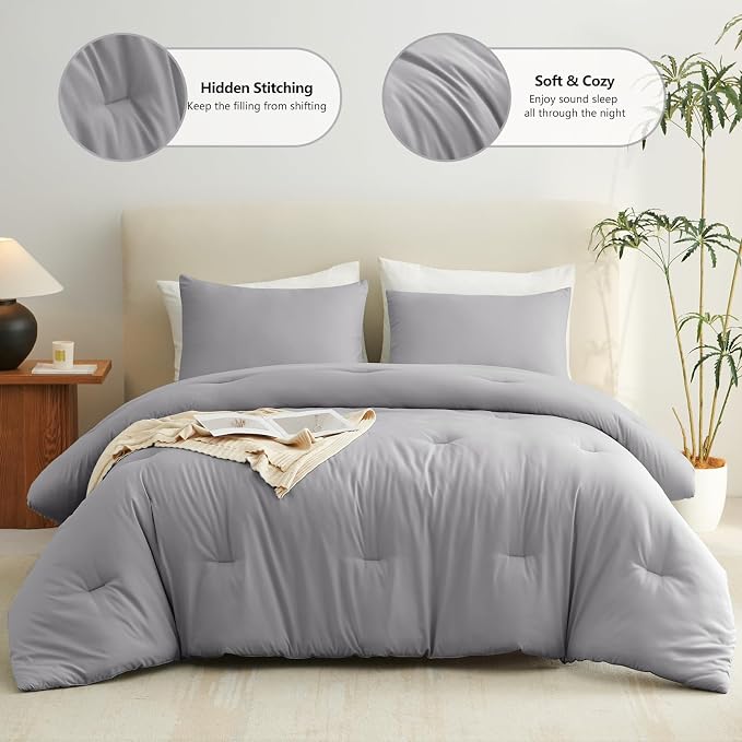 CozyLux King Size Comforter Set Grey, 3 Pieces Solid Comforters King Size - Image 2
