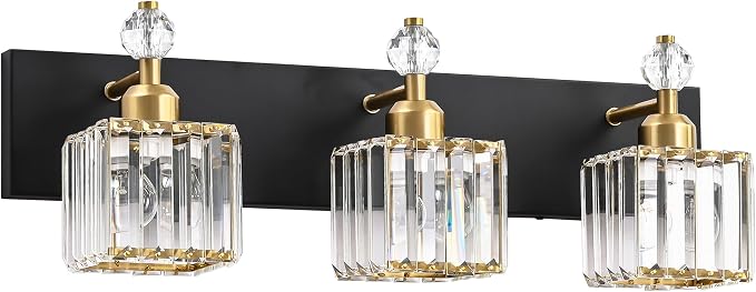 PRESDE 3-Light Crystal Bathroom Vanity Lights Black and Gold Bathroom Lights by HOME