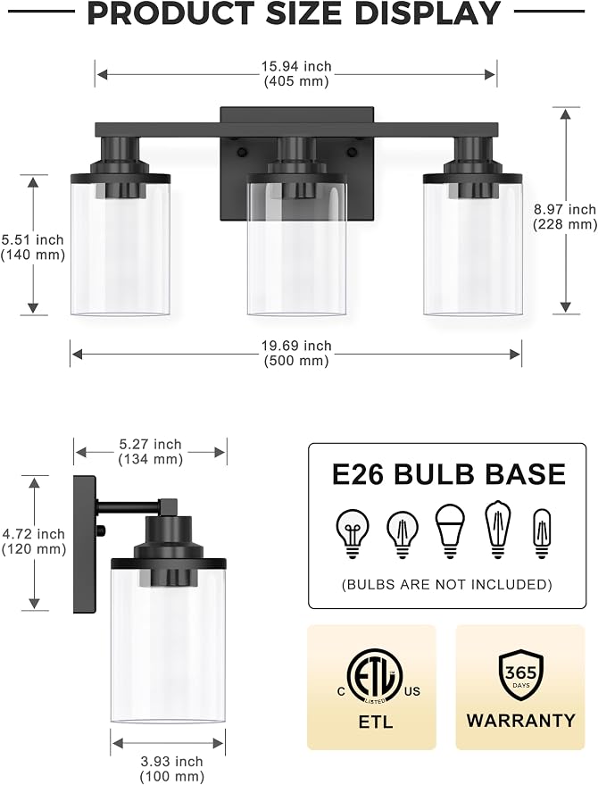 L LOHAS LED 3-Light Black Bathroom Light Fixtures, Modern Bathroom Lighting - Image 3