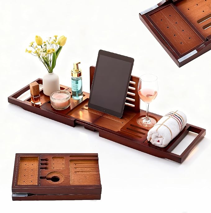 Premium Foldable Bamboo Bathtub Tray Caddy, Expandable Bath Caddy Tray by CraftsmanshipQuality