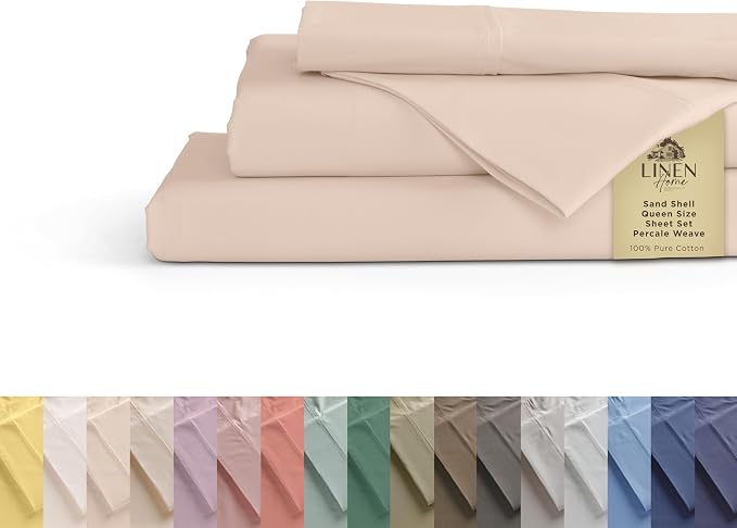 Linen Home 100% Cotton Percale Sheets King Size, Sand Shell, Deep Pocket by LINENHOME