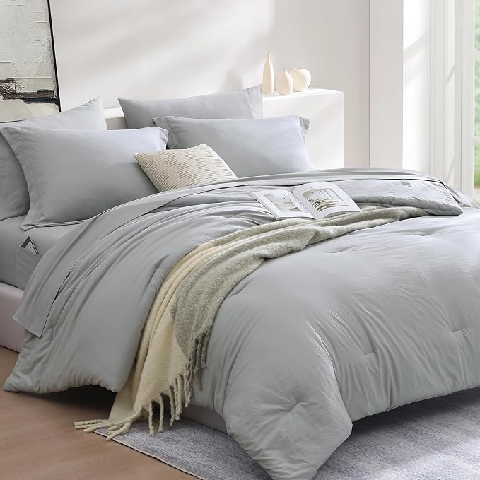 WRENSONGE Queen Comforter Set- 7 Pieces Soft Light Grey Bed in a Bag Queen - Image 4