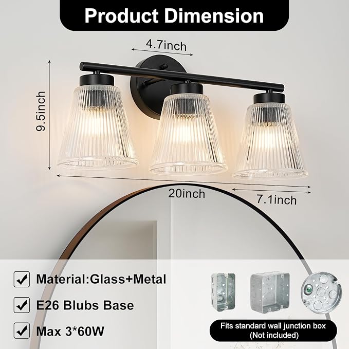 OCIOC Black Bathroom Vanity Lights, 3-Light Modern Bathroom Light Fixtures - Image 3