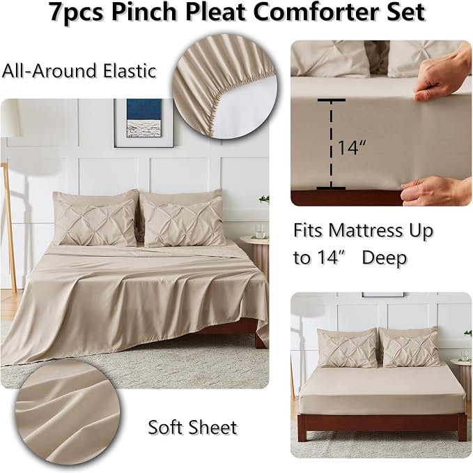 CozyLux Full Size Comforter Sets Wheat, 7 Pieces Pintuck Bed in A Bag Wheat - Image 5