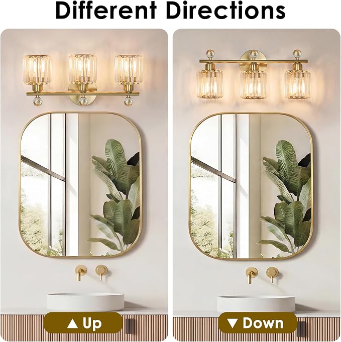 3-Light Gold Bathroom Light Fixtures Modern K9 Crystal Vanity Lights Wall Sconce - Image 7