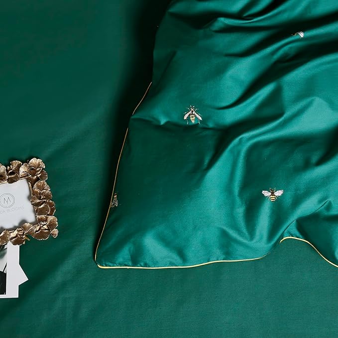 mixinni Dark Green Duvet Cover Queen Size, 100% Long Staple Cotton Honeybee - Image 4
