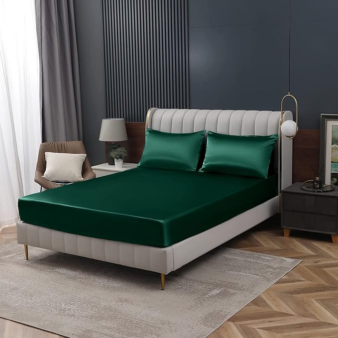 Homiest Blackish Green Satin Fitted Twin XL Size Bed Sheet, Deep Pocket - Image 9