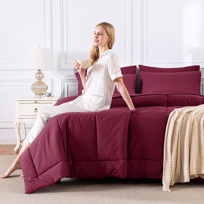 CozyLux Queen Comforter Set Burgundy, 7 Pieces Bed in a Bag, All Season Bedding - Image 7