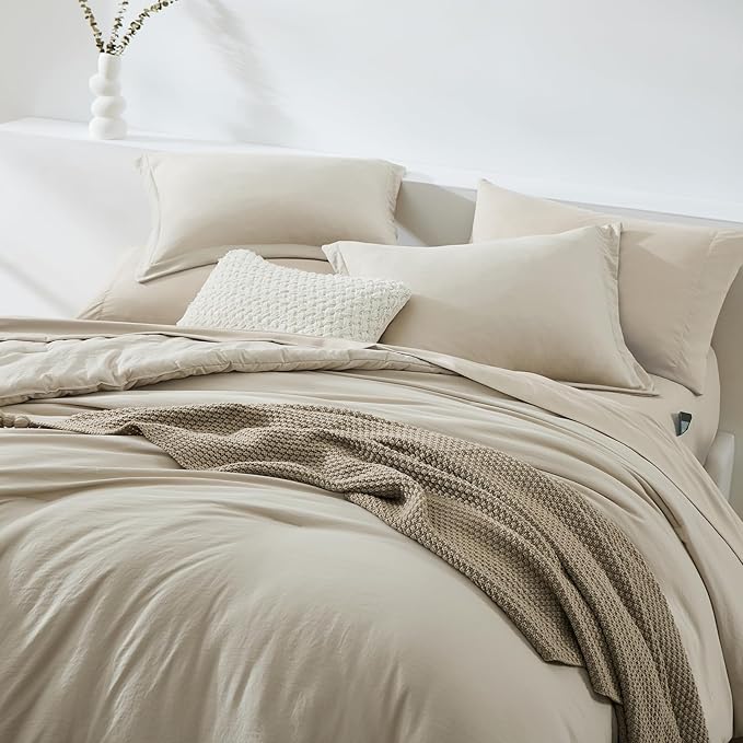 WRENSONGE Twin Comforter Set- 5 Pieces Light Oatmeal Twin Bed in a Bag - Image 3