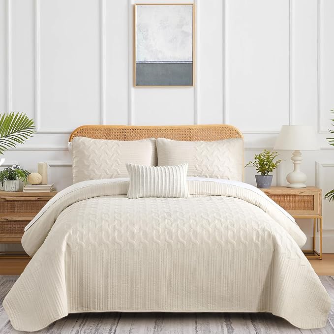 Yiran California King Size Beige Quilt Set Lightweight Oversized Bedspread - Image 2