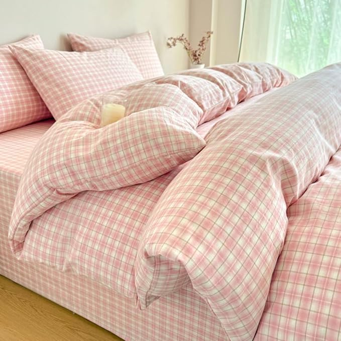 PinkMemory Pink Plaid Duvet Cover Set King 100% Washed Cotton Cute Pink Checked by PinkMemory