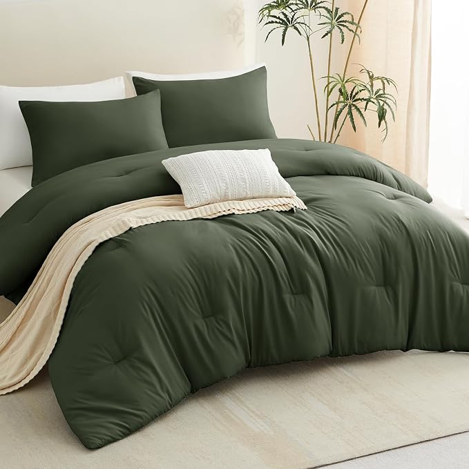 CozyLux Queen Comforter Set Dark Green, 3 Pieces Solid Comforters Queen Size - Image 8