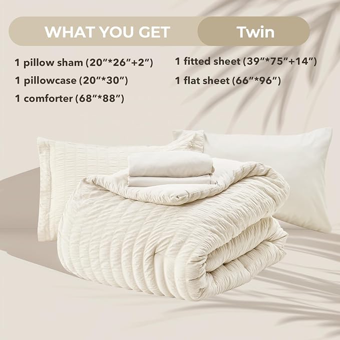 HYMOKEGE Ivory Twin Comforter Set Seersucker 5 Pieces, All Season Luxury Bed in - Image 5