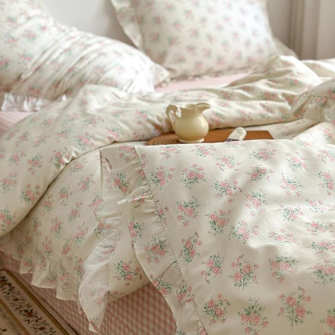 mixinni Pink Floral Duvet Cover Set Queen Size - Image 9
