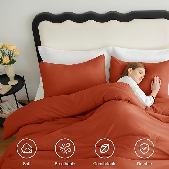 CozyLux Terracotta Queen Comforter Set, 3 Pieces Burnt Orange Rust Solid - Image 4