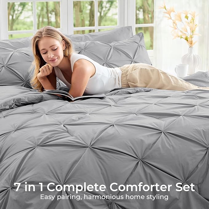 Sasttie King Size Comforter Set, 7-Piece Bed in a Bag, Pintuck Bedding Sets - Image 6