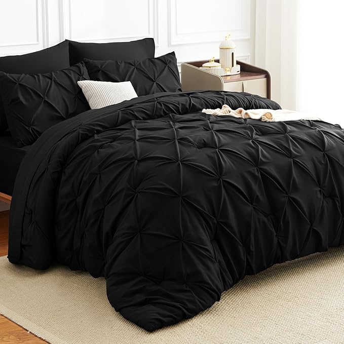 HIMEET Pintuck Bed in a Bag, 7 Pieces Oversized King Comforter Set Black by Unknown